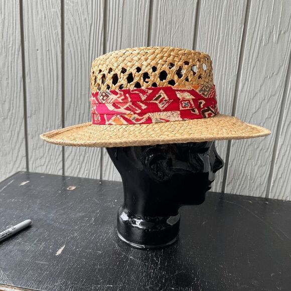 Vintage Accessories - Vintage Woven Straw Hat Small USA Made Red Band Western Boho Summer CHCO WPL